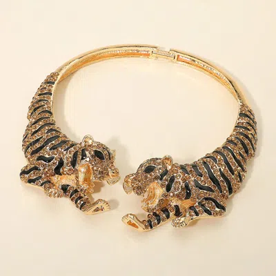 Fashnzfab Bold Rhinestone Embellished Tiger Hinged Choker Necklace In Brown