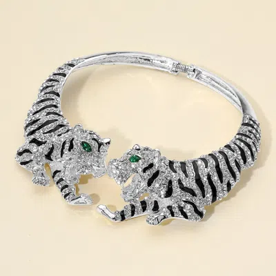Fashnzfab Bold Rhinestone Embellished Tiger Hinged Choker Necklace In Green