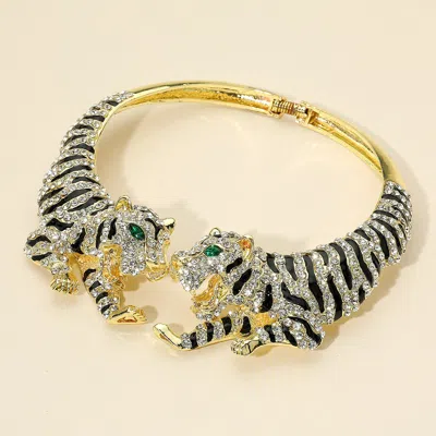 Fashnzfab Bold Rhinestone Embellished Tiger Hinged Choker Necklace In Silver