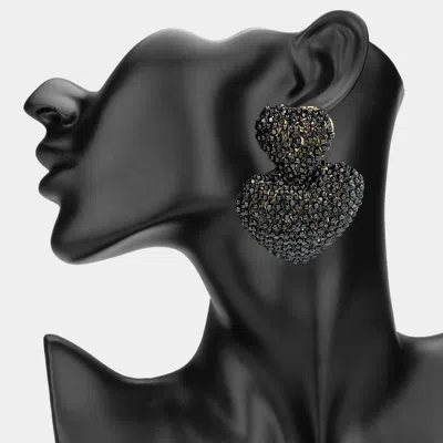 Fashnzfab Bold Rhinestone Paved Double Heart Earrings In Black