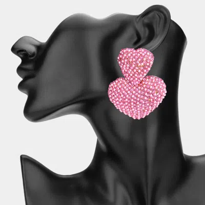 Fashnzfab Bold Rhinestone Paved Double Heart Earrings In Pink