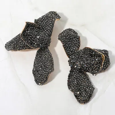 Fashnzfab Bold Rhinestone Studded Flower Petal Statement Earrings In Black