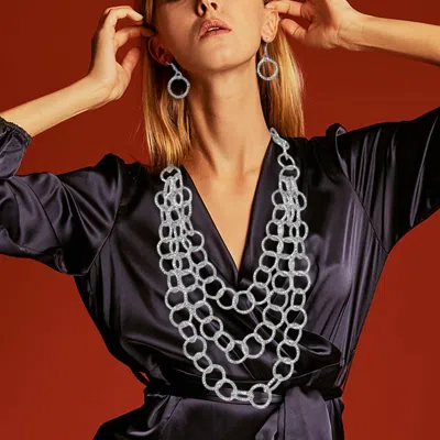 Fashnzfab Bold Ring Link Triple Layered Statement Necklace In Metallic