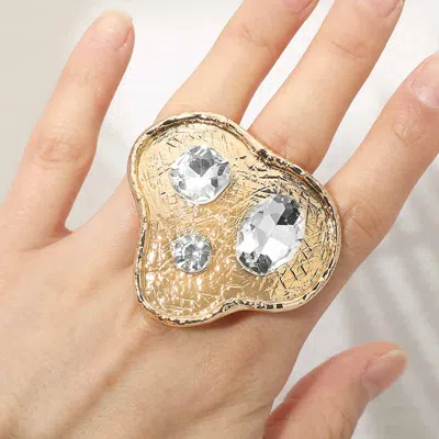 Fashnzfab Bold Round Oval Stone Accent Abstract Textured Plate Accent Statement Ring In Gold