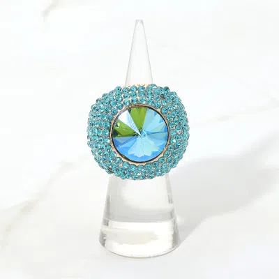 Fashnzfab Bold Round Stone Accent Rhinestone Pave Statement Stretch Ring In Blue