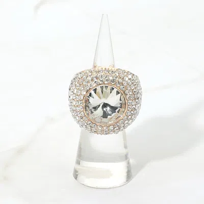 Fashnzfab Bold Round Stone Accent Rhinestone Pave Statement Stretch Ring In Gold