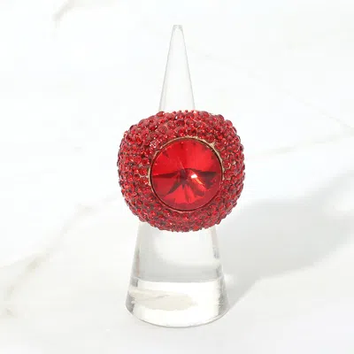Fashnzfab Bold Round Stone Accent Rhinestone Pave Statement Stretch Ring In Red
