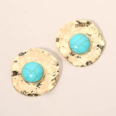 Fashnzfab Bold Round Stone Center Hammered Disc Earrings In Blue
