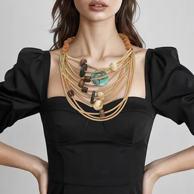 Fashnzfab Bold Sculpted Resin Beaded Multi Strand Statement Necklace In Gold