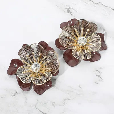 Fashnzfab Bold Sculptural Layered Blossom Floral Statement Earrings In Brown