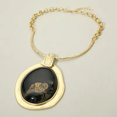 Fashnzfab Bold Sculptural Oval Resin Plate Pendant Accent Statement Necklace In Gold