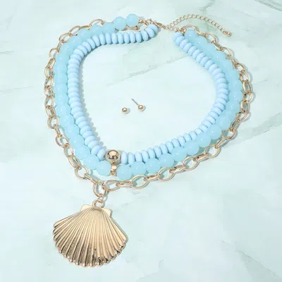 Fashnzfab Bold Seashell Pendant Accent Multi Layered Beaded Chain Statement Necklace In Blue