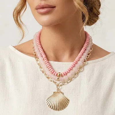 Fashnzfab Bold Seashell Pendant Accent Multi Layered Beaded Chain Statement Necklace In Pink