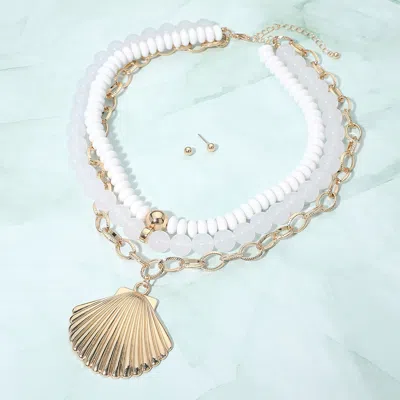 Fashnzfab Bold Seashell Pendant Accent Multi Layered Beaded Chain Statement Necklace In White