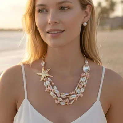 Fashnzfab Bold Starfish Charm Pearl Shell Beaded Layered Statement Necklace In Pink