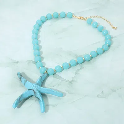 Fashnzfab Bold Starfish Pendant Beaded Statement Necklace In Blue
