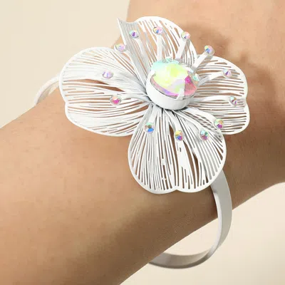 Fashnzfab Bold Stone Accent Cutout Flower Accent Cuff Bracelet In White