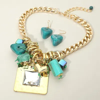 Fashnzfab Bold Stone Center Metal Square Plate Accent Multi Charm Beaded Chunky Chain Statement Necklace