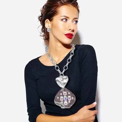 Fashnzfab Bold Stone Embellished Abstract Pendant Chunky Chain Statement Necklace In Multi