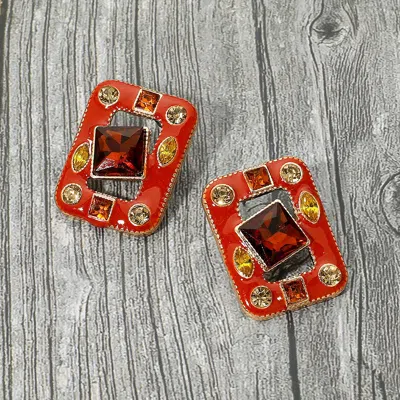 Fashnzfab Bold Stone Embellished Enamel Frame Earrings In Red