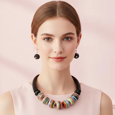 Fashnzfab Bold Striped Resin Ball Beaded Statement Necklace In Multi