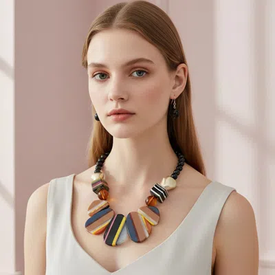 Fashnzfab Bold Striped Resin Plate Beaded Statement Necklace In Multi