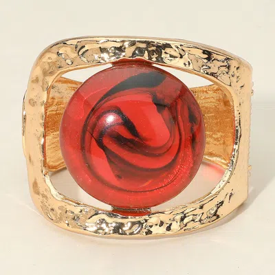 Fashnzfab Bold Swirl Resin Stone Hammered Metal Hinged Bangle Bracelet Gold, Red In Multi