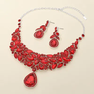 Fashnzfab Bold Teardrop Pendant Drop Marquise Stone Embellished Evening Statement Necklace In Red