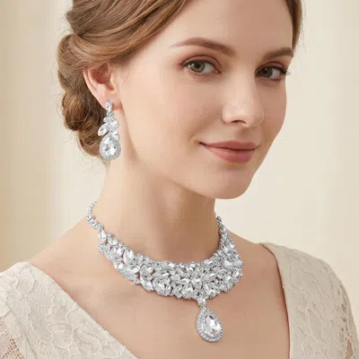 Fashnzfab Bold Teardrop Pendant Drop Marquise Stone Embellished Evening Statement Necklace In Silver