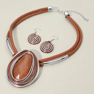 Fashnzfab Bold Teardrop Stone Accent Spiral Wire Decor Layered Faux Leather Statement Necklace In Brown