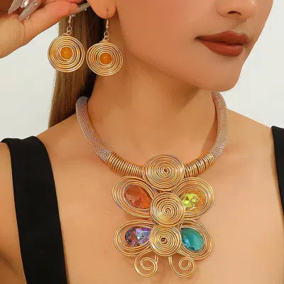 Fashnzfab Bold Teardrop Stone Accent Spiral Wire Mesh Collar Statement Necklace In Gold