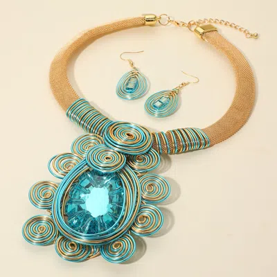 Fashnzfab Bold Teardrop Stone Centered Metal Swirl Embellished Statement Necklace - Aqua In Blue