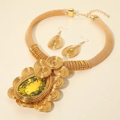 Fashnzfab Bold Teardrop Stone Centered Metal Swirl Embellished Statement Necklace - Yellow