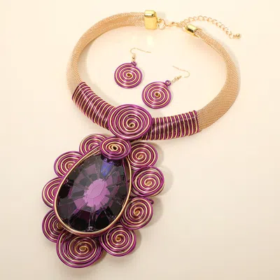 Fashnzfab Bold Teardrop Stone Centered Metal Swirl Embellished Statement Necklace In Purple