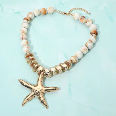 Fashnzfab Bold Texture Metal Starfish Pendant Accent Beaded Statement Necklace - Beige, Gold In Multi
