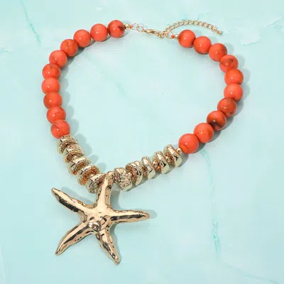 Fashnzfab Bold Texture Metal Starfish Pendant Accent Beaded Statement Necklace - Gold, Orange In Multi