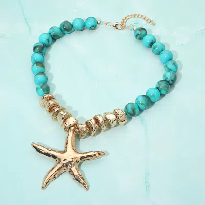 Fashnzfab Bold Texture Metal Starfish Pendant Accent Beaded Statement Necklace - Gold, Turquoise In Multi