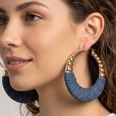 Fashnzfab Bold Textured Denim Fabric Wrapped Pin Catch Statement Hoop Earrings In Gold