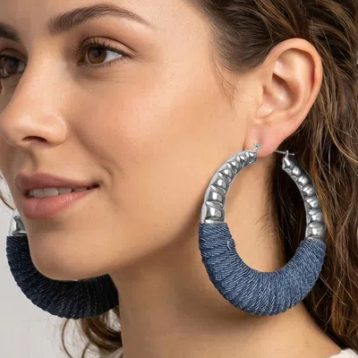 Fashnzfab Bold Textured Denim Fabric Wrapped Pin Catch Statement Hoop Earrings In Multi