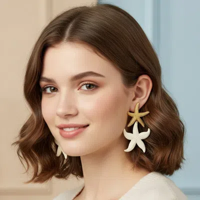 Fashnzfab Bold Textured Double Starfish Link Drop Statement Earrings In White