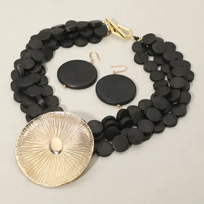 Fashnzfab Bold Textured Metal Disc Accent Wooden Disc Beaded Multi Layered Statement Necklace - Black