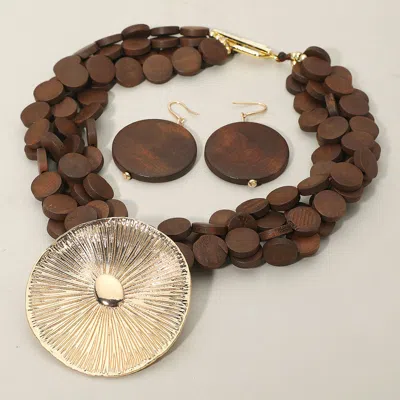 Fashnzfab Bold Textured Metal Disc Accent Wooden Disc Beaded Multi Layered Statement Necklace - Brown
