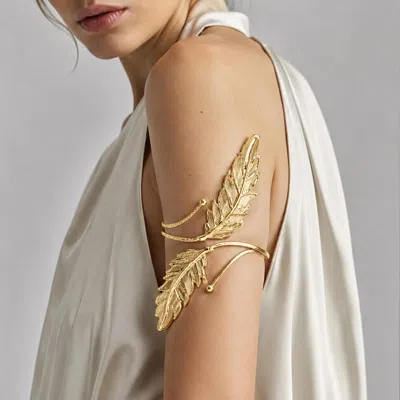 Fashnzfab Bold Textured Metal Double Leaf Arm Cuff Bracelet In Gold
