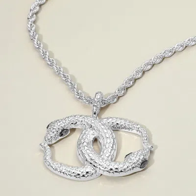 Fashnzfab Bold Textured Metal Interlocking Snake Pendant Chunky Twisted Chain Necklace In White