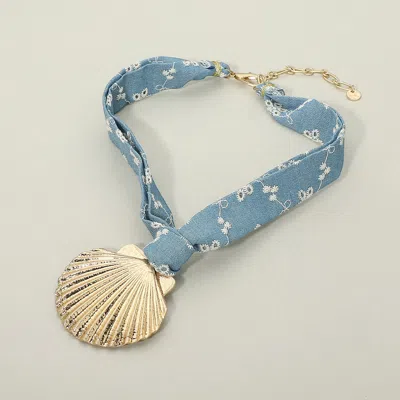 Fashnzfab Bold Textured Metal Shell Pendant Fabric Scarf Necklace In Blue