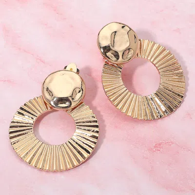 Fashnzfab Bold Textured Round Disc Drop Clip On Earrings In Gold