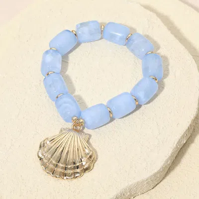 Fashnzfab Bold Textured Seashell Charm Chunky Resin Beaded Stretch Bracelet In Blue