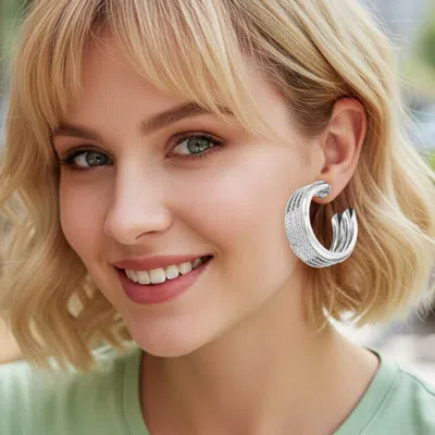 Fashnzfab Bold Textured Wide Hoop Earrings - Rhodium In Silver
