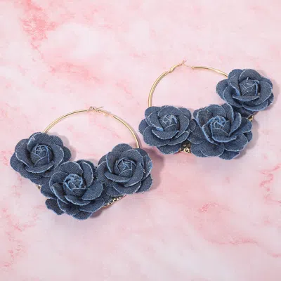 Fashnzfab Bold Triple Denim Fabric Rose Beaded Hoop Earrings In Black