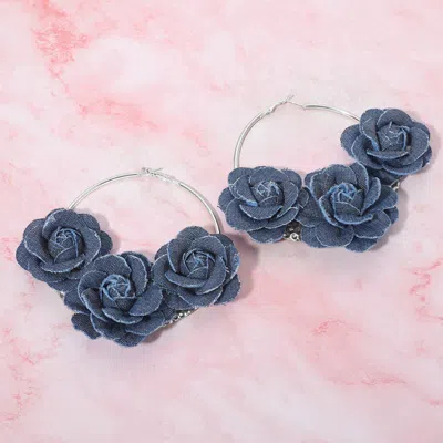 Fashnzfab Bold Triple Denim Fabric Rose Beaded Hoop Earrings In Blue